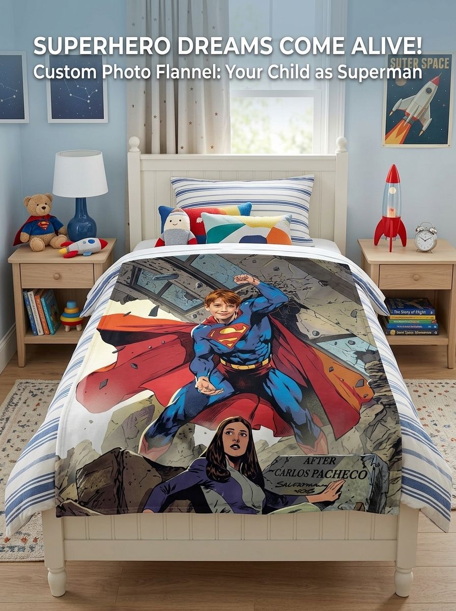 Custom Photo Superhero Flannel Fleece Blanket, Personalized Comic Character Face Throw for Kids and Adults