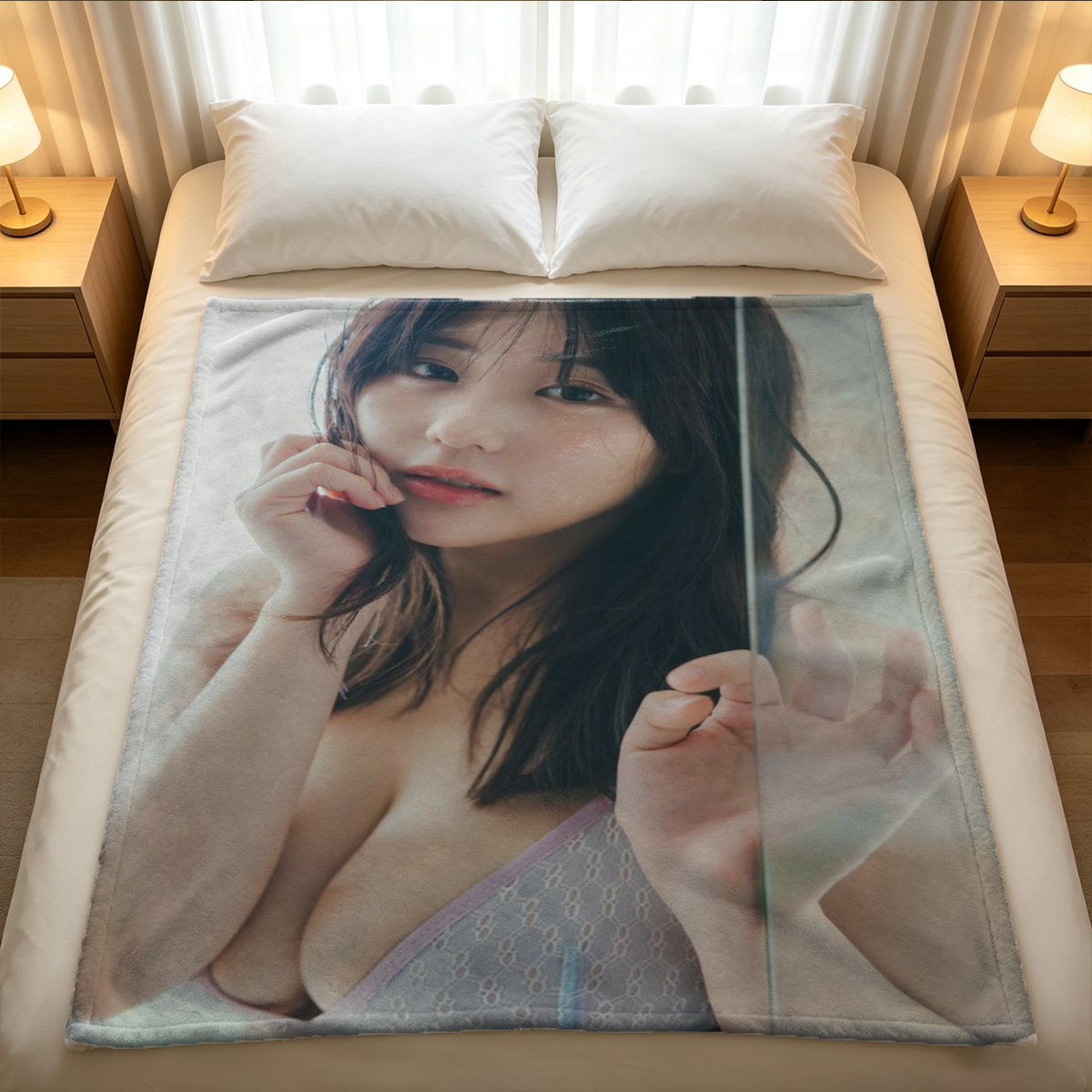 Yua Mikami in Navy Blue Lace Lingerie by the Window - Blanket