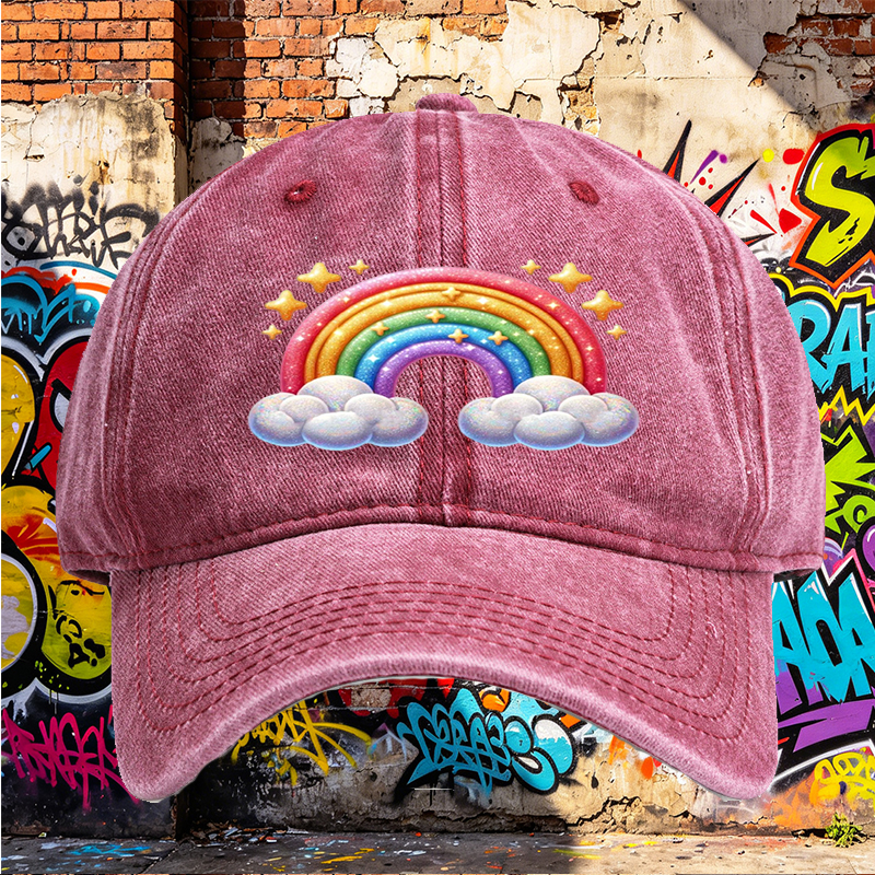 Unisex Classic Washed Cap Rainbow Clouds Print - Perfect for Casual Outings, Beach, and Daily Wear - Ideal for Youth and Adults Seeking Fun, Colorful Style