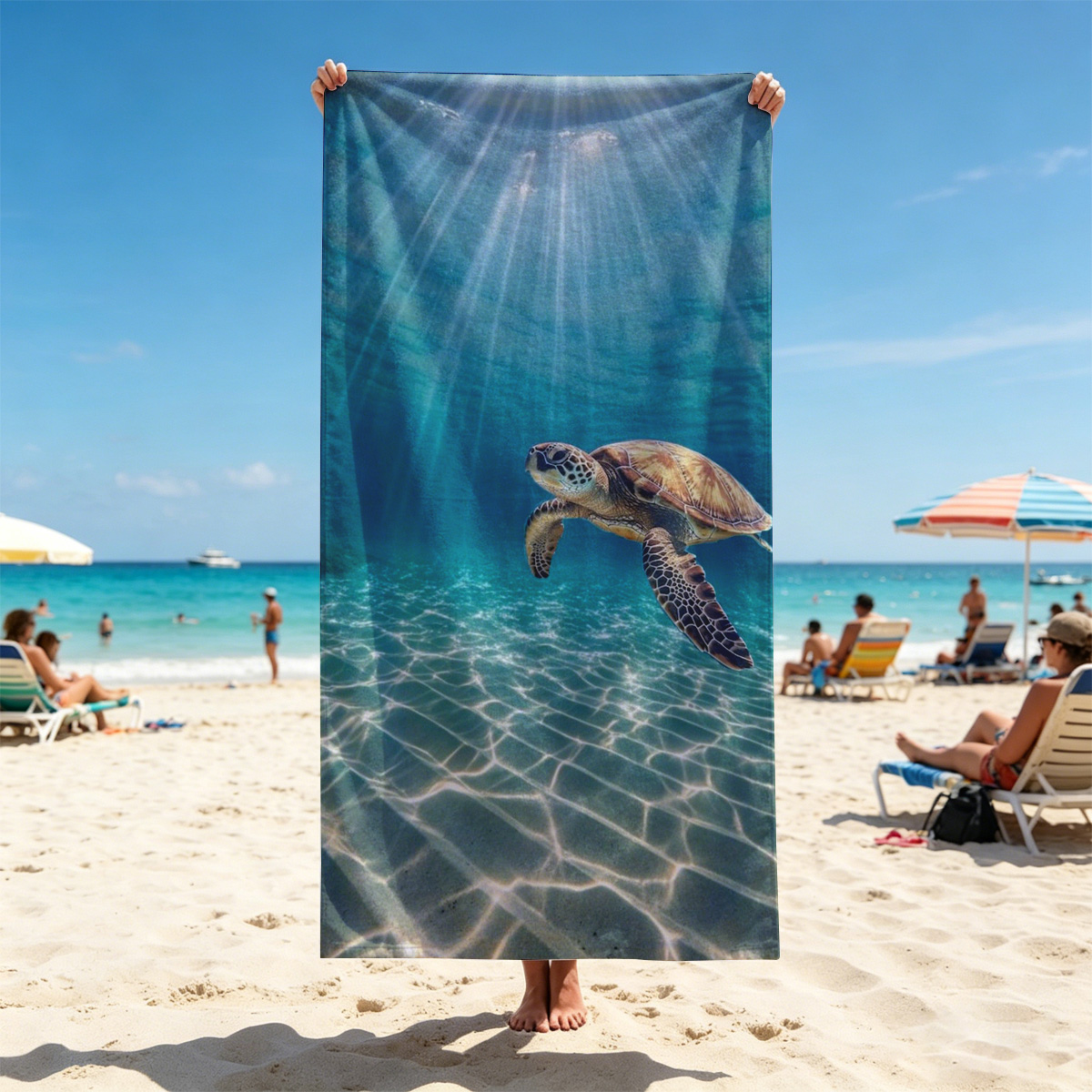 Sea turtle glides through sunlit waters, rays shimmering above. - Beach towels