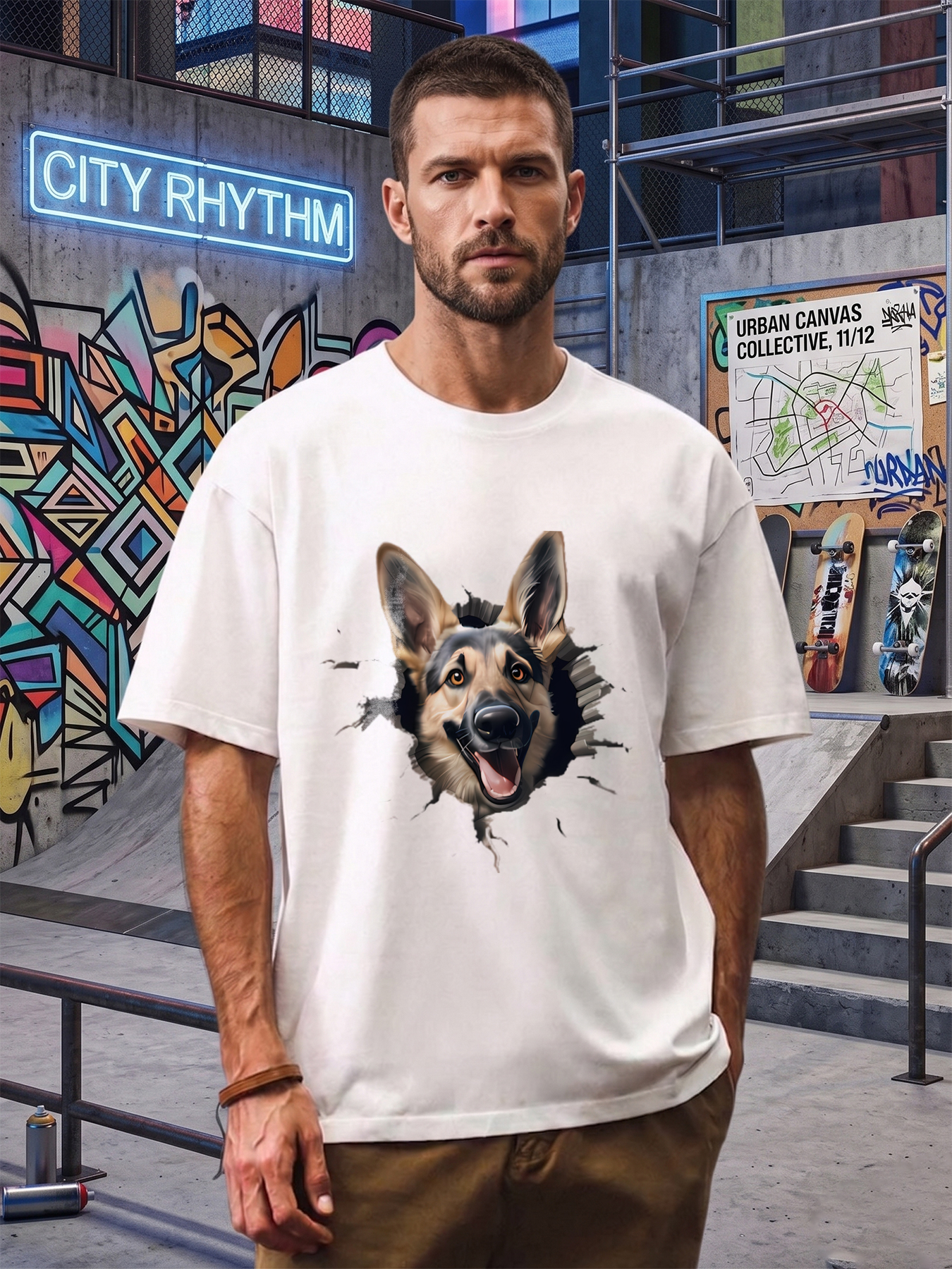 Men's Printed T-Shirt German Shepherd Dog Face Graphic Casual Round Neck Summer Lightweight Breathable Short Sleeve T-Shirt for Outdoor Activities Dog Lovers