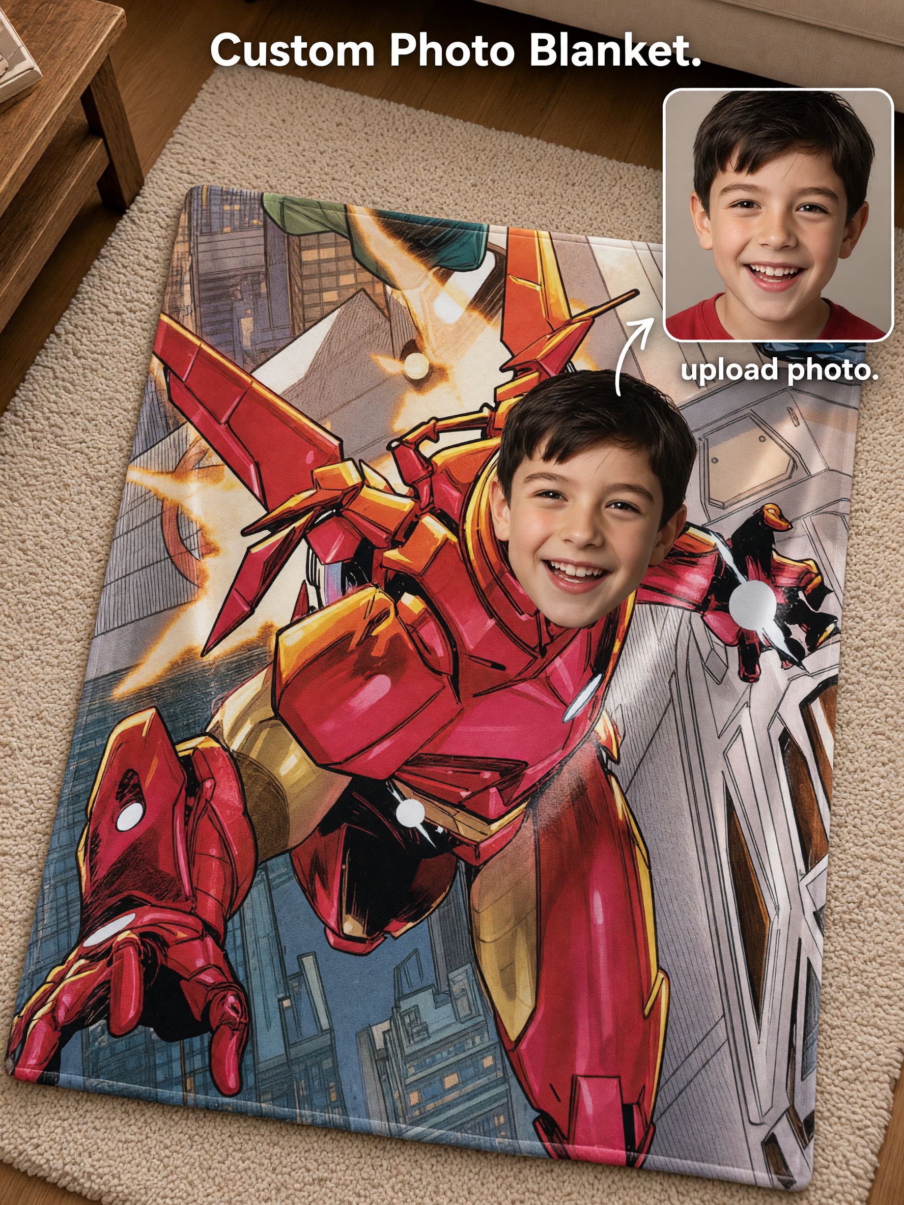 Custom Face Superhero Blanket, Personalized Photo Comic Character Plush Flannel Throw for Kids, Ideal Birthday Gift