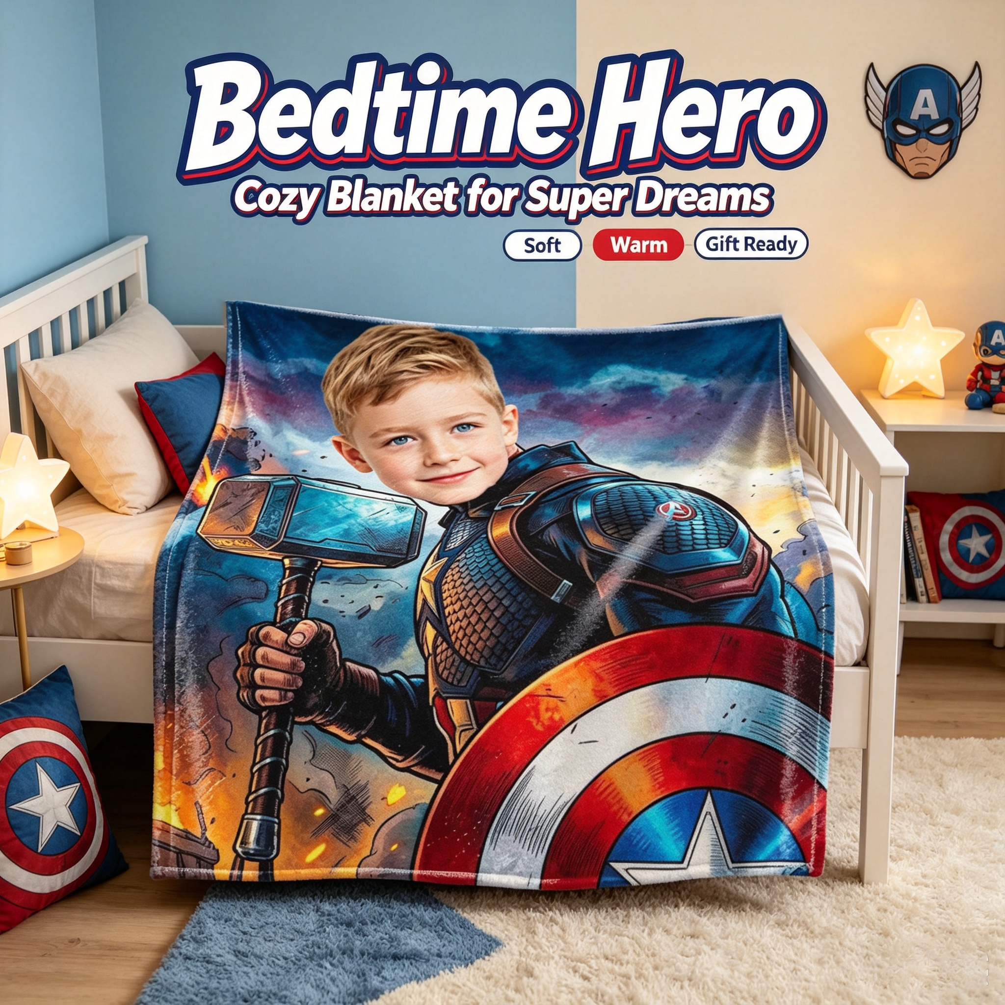 Custom Photo Captain America Throw Blanket Personalized Superhero Flannel Blanket for Kids