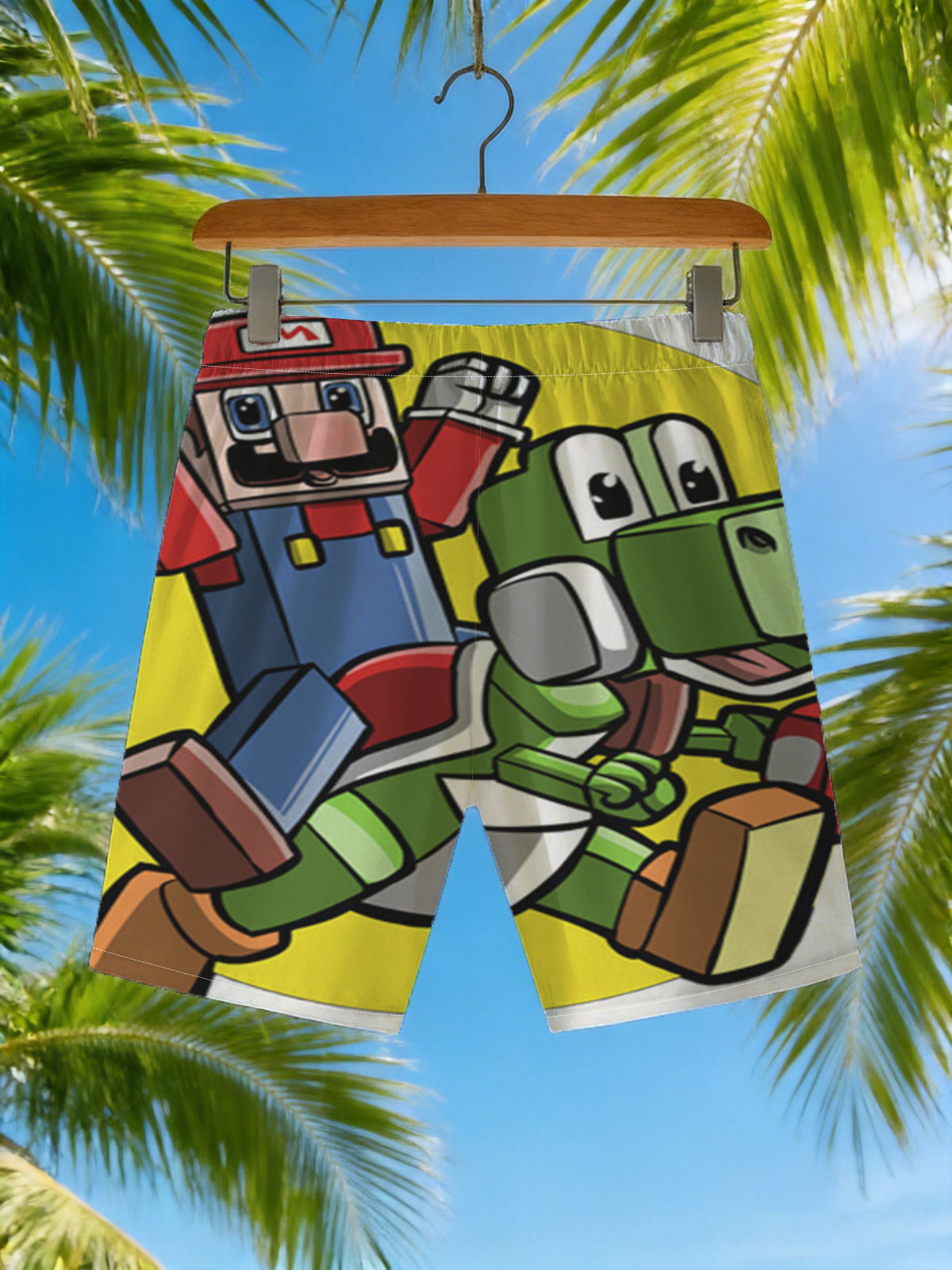 Mario and Yoshi in Action with Toad and Mushrooms -  Beach shorts
