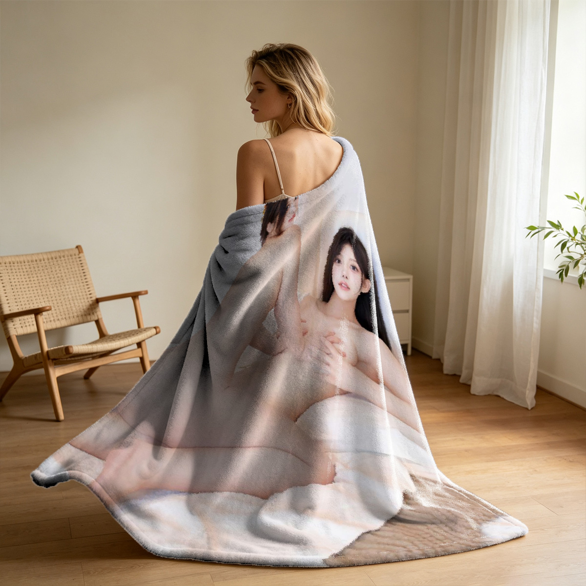 Nude Brunette Posing Seductively on Chair by Window - Blanket