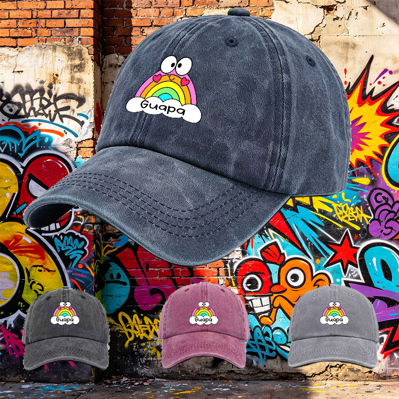 Men's Printed Washed Cotton Hat with Rainbow and Heart Design, Casual Round Brim Summer Lightweight Cap for Outdoor Activities, Beach, Travel, and Daily Wear, Suitable for Young Adults and Fashion-Loving Men
