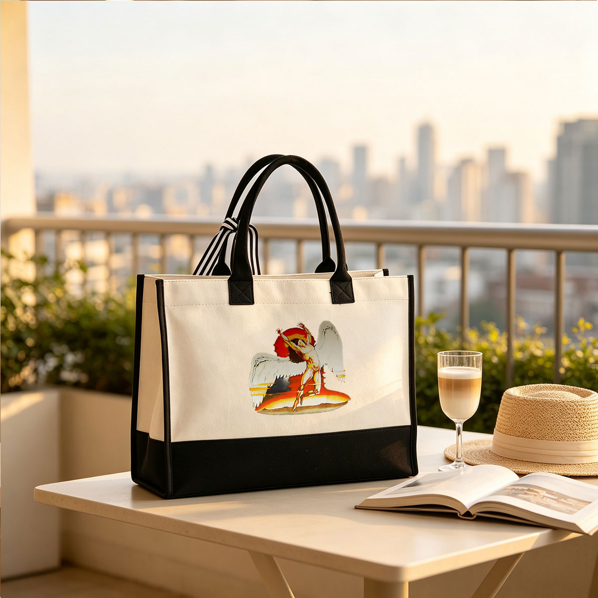 Fallen Angel with Wings Outstretched Against Fiery Background - Canvas patchwork gift tote bag