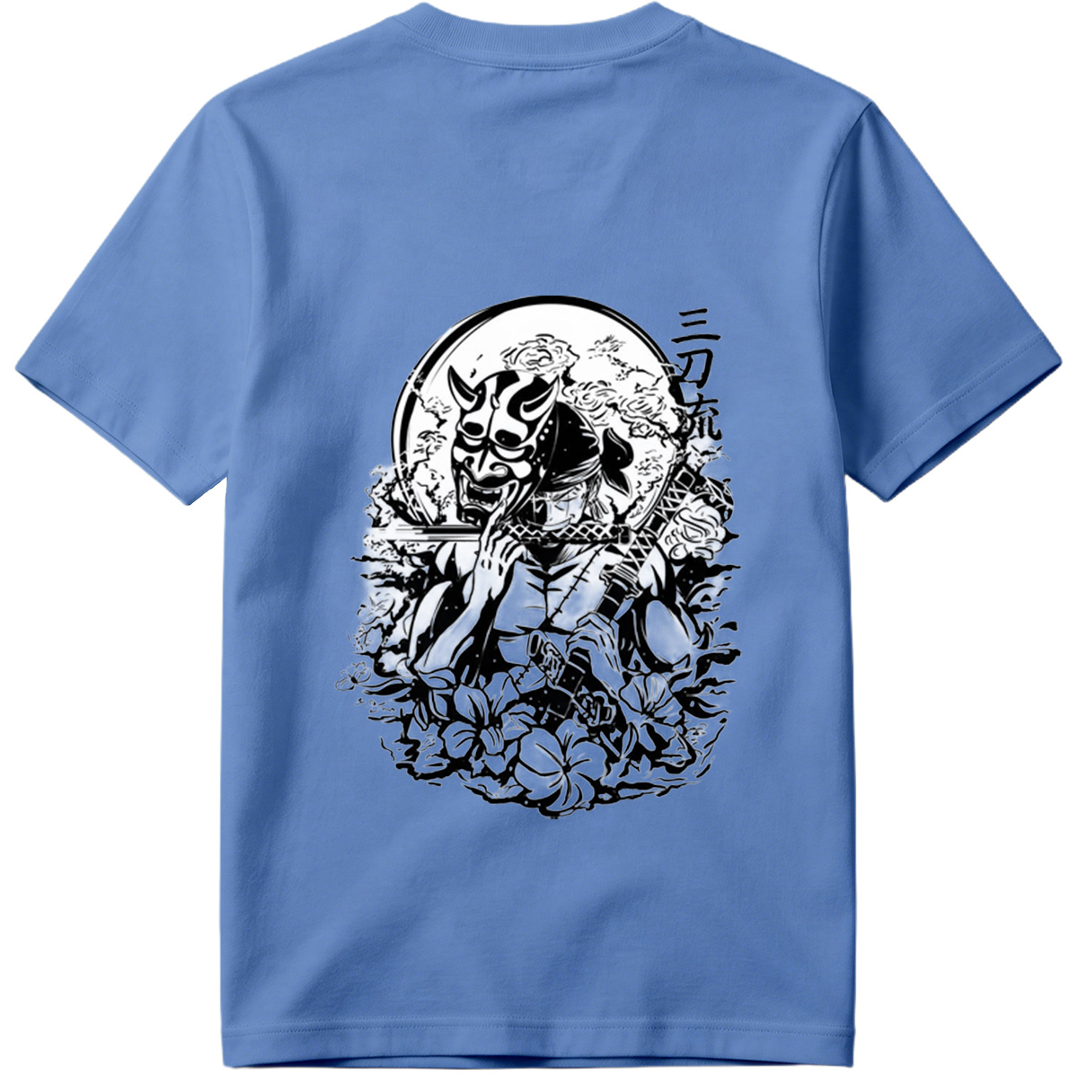 Samurai with Oni Mask and Katana in Floral Scene - Tee