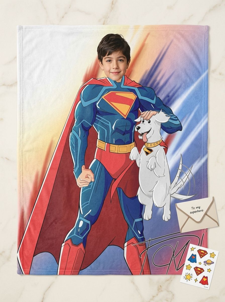 Custom Face Superhero Flannel Blanket, Personalized Photo Plush Throw for Kids and Adults, Cozy Bed and Couch Gift