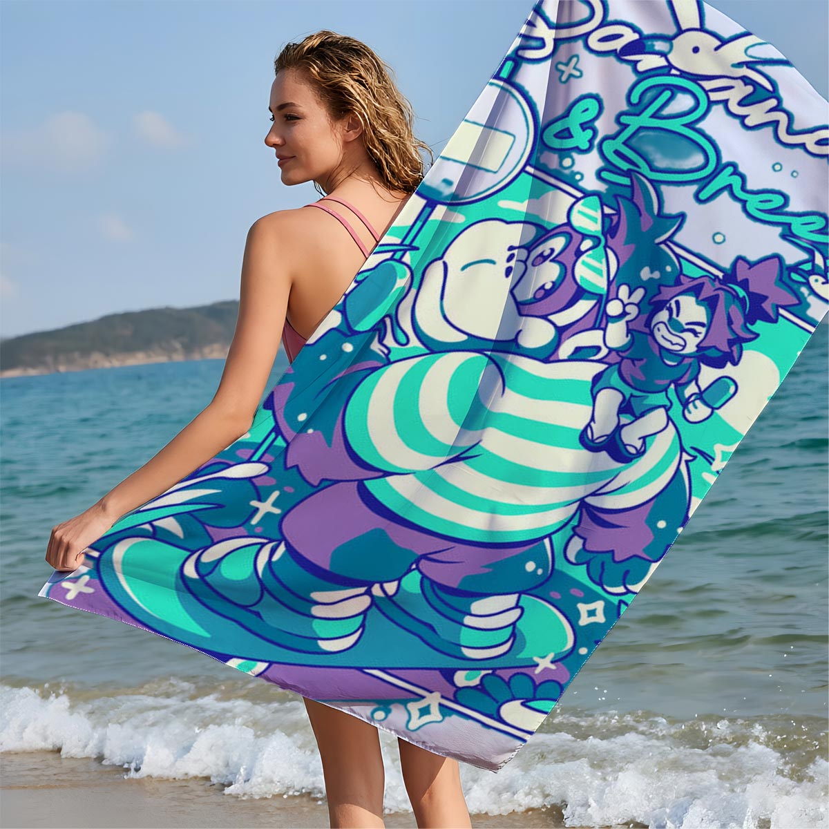 Bananas & Breeze: A whimsical adventure with a striped giant and a playful rider in a vibrant, magical landscape. - Beach towels