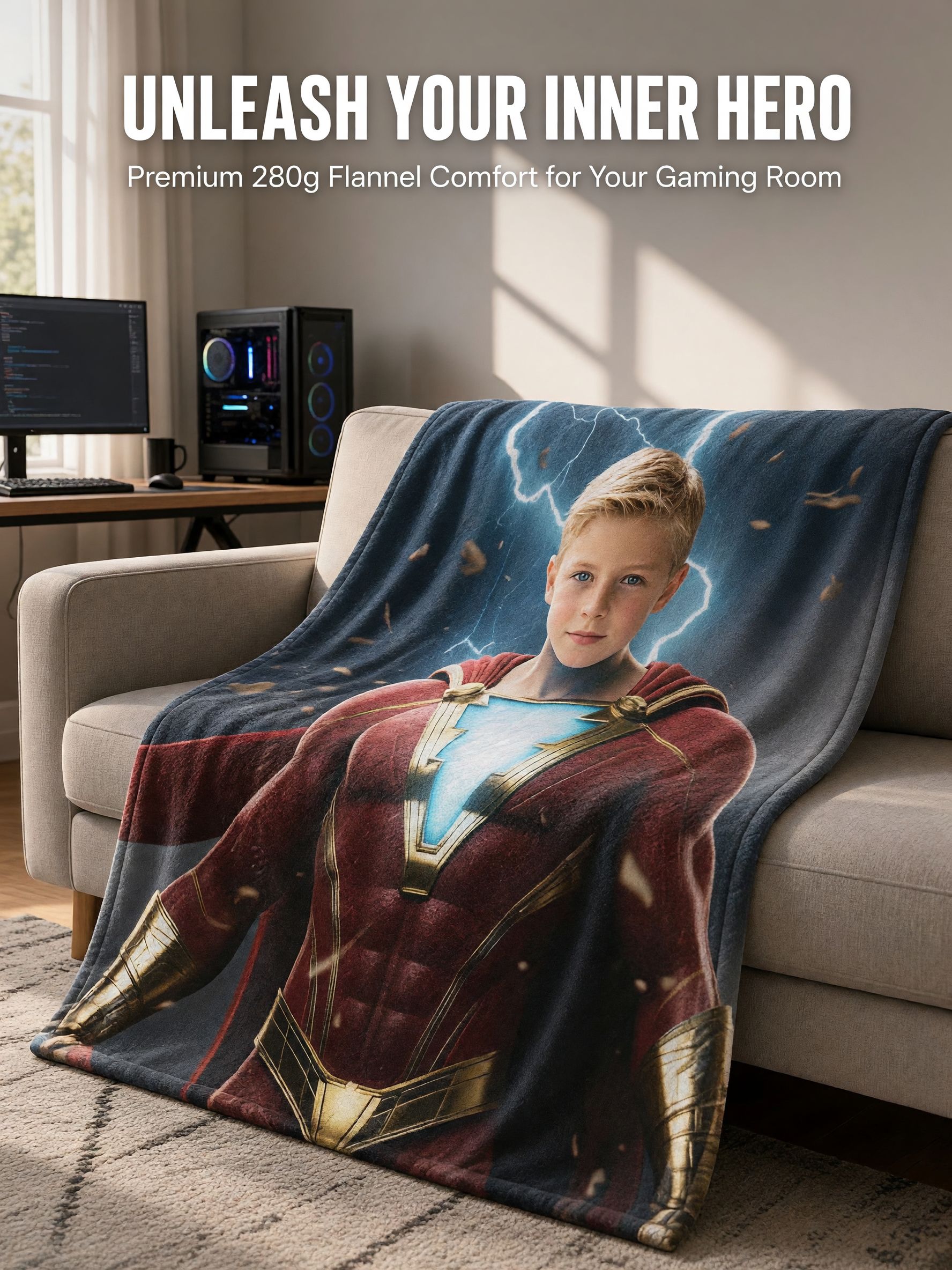 Personalized Superhero Face Photo Blanket, Custom Ultra Soft Flannel Throw, Cozy Skin-Friendly Kids Birthday Gift