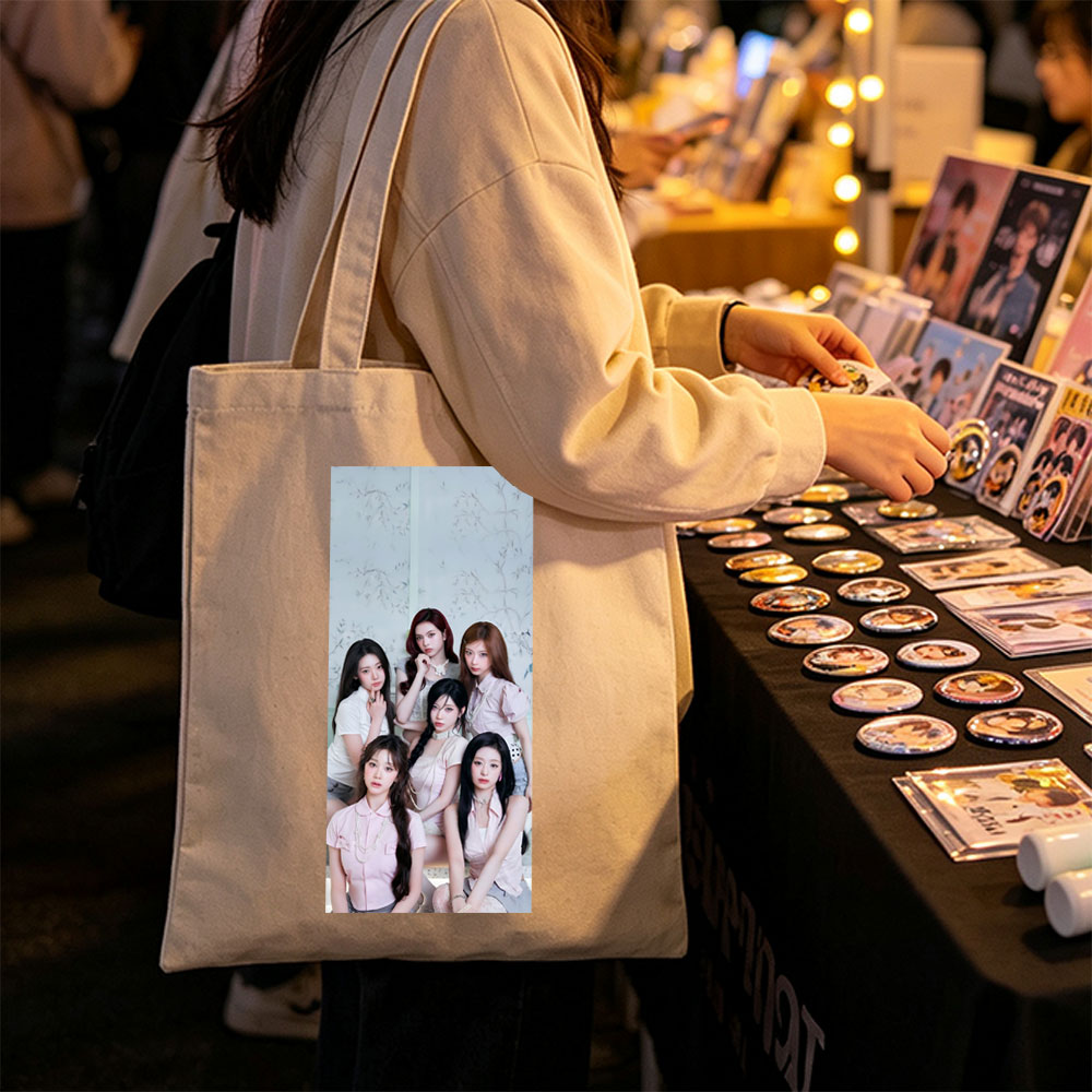 NMIXX Group Portrait in Elegant Pink Outfits Against Floral Background - Canvas tote bags