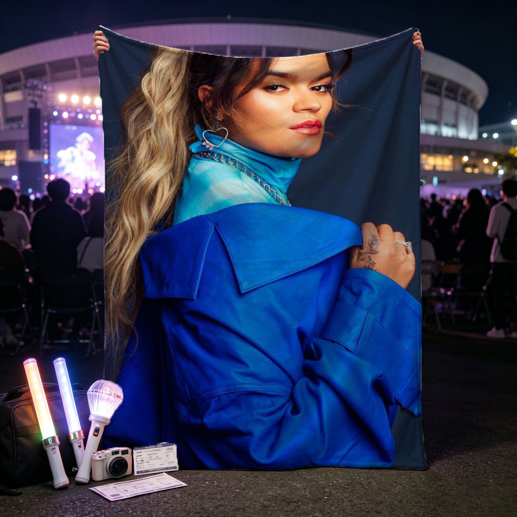 Rita Ora in Bold Blue Fashion Pose Against Dark Background - Blankets