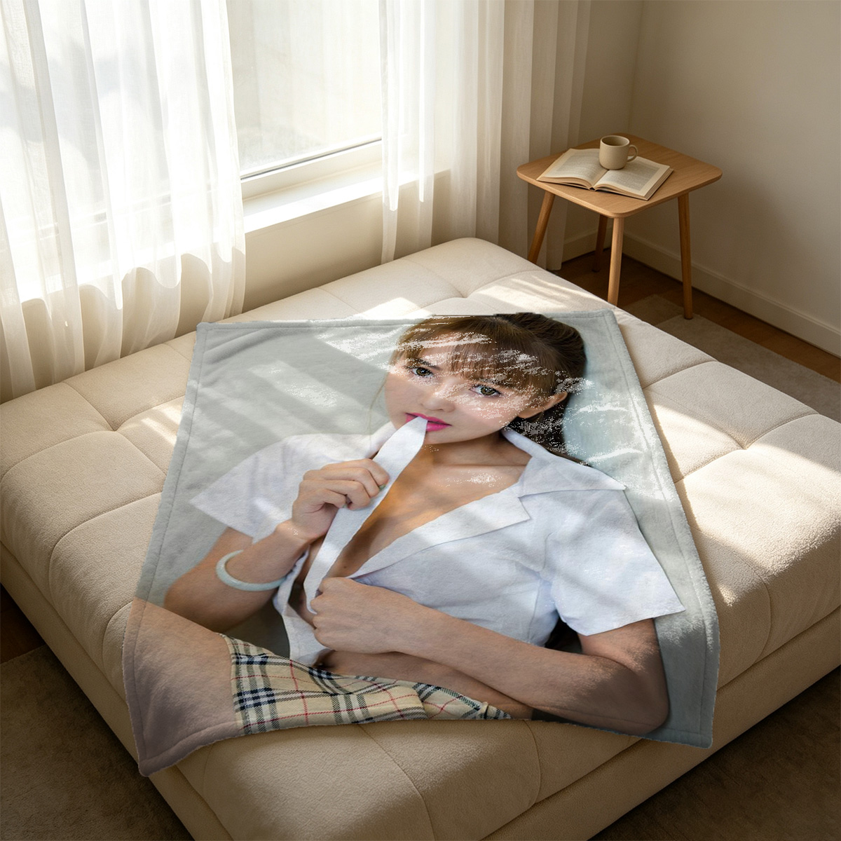 Nude woman in black micro bikini bottom outdoors - Blanket