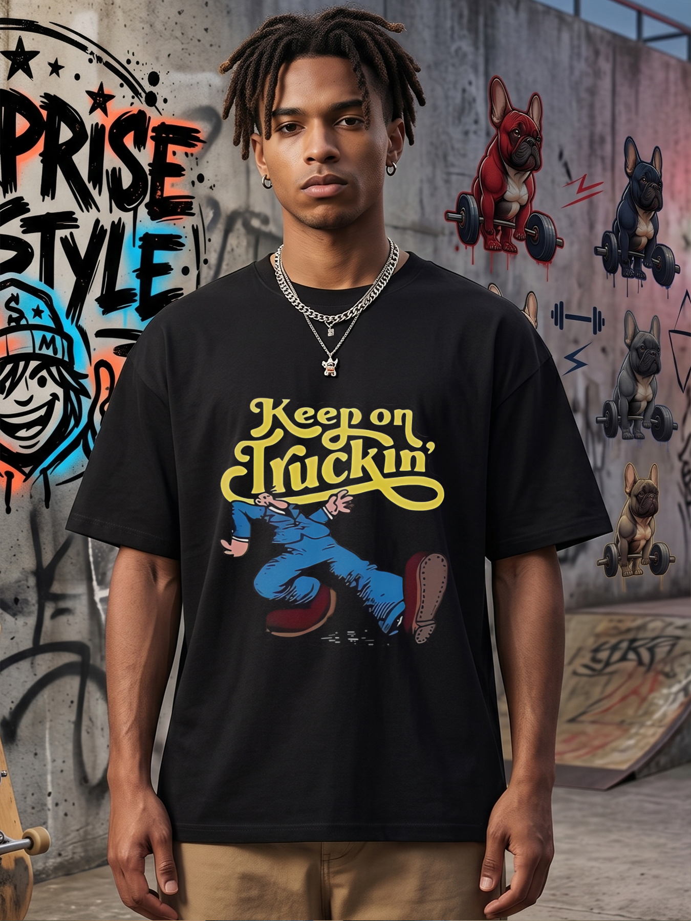 Men's Printed T-Shirt Keep on Truckin' Cartoon Man Running Graphic Casual Round Neck Summer Lightweight Breathable Short Sleeve T-Shirt for Daily Wear Outdoor Activities Adults