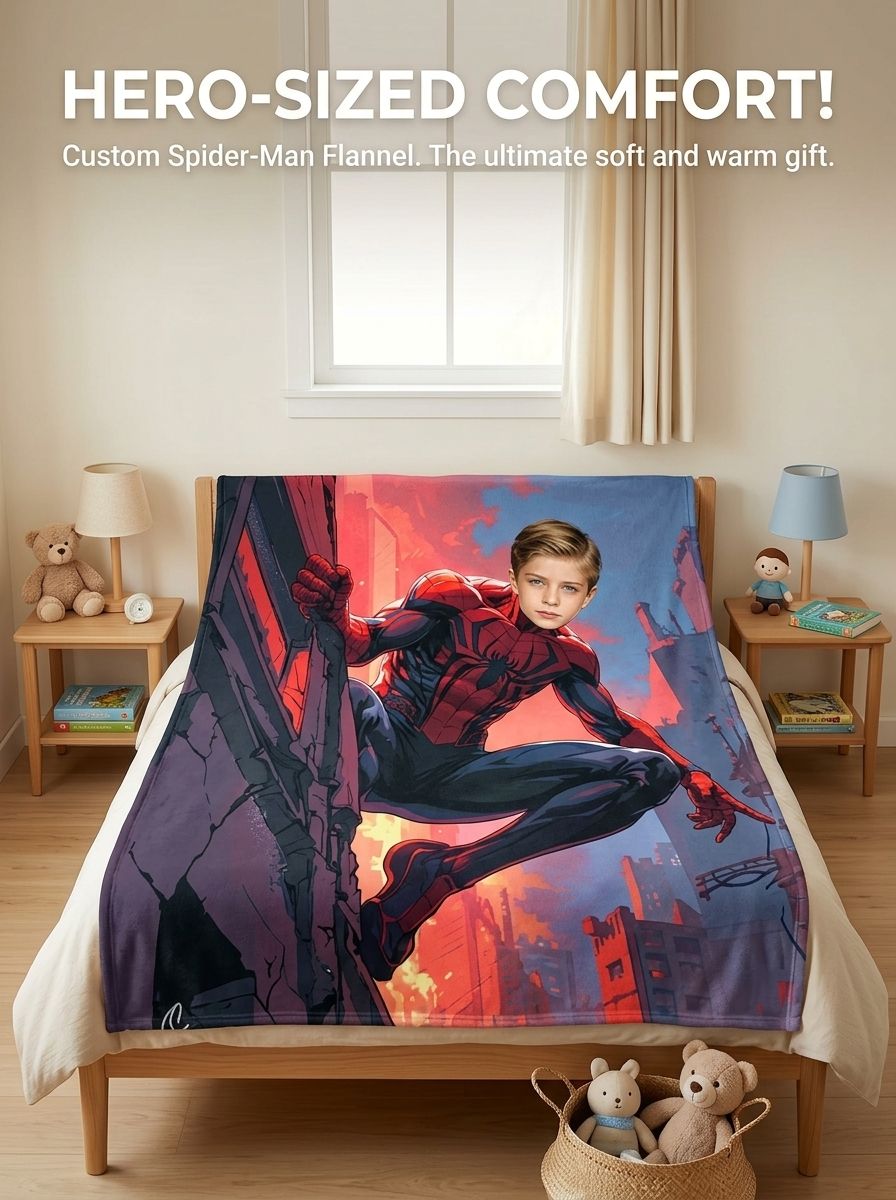 Custom Face Superhero Flannel Throw Blanket Personalized Photo Fleece Bed Cover for Kids and Adults Cozy Gift Idea