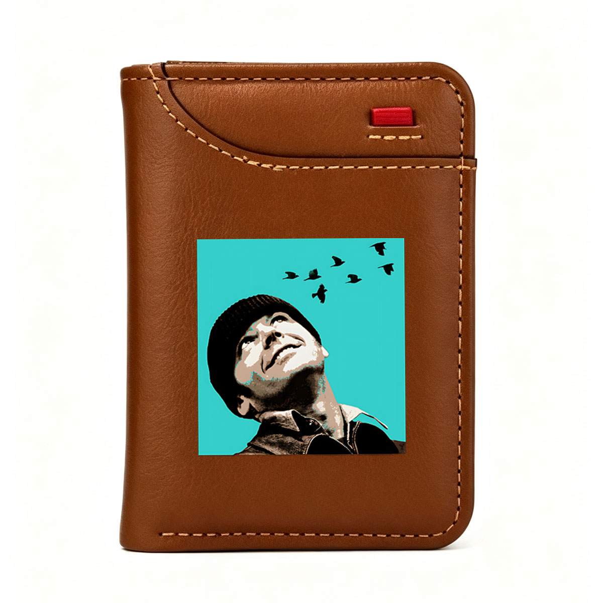 Man in Beanie Gazing at Flying Birds Against Teal Sky - Vertical Style Wallet