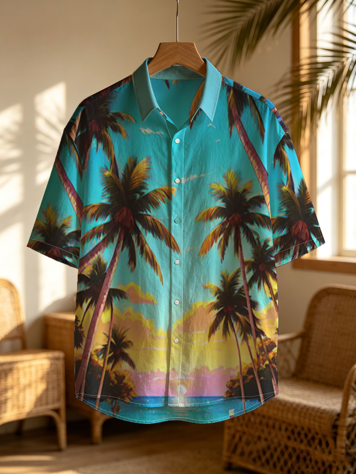 Tropical Sunset Beach with Palm Trees and a Solitary Figure -  Shirt