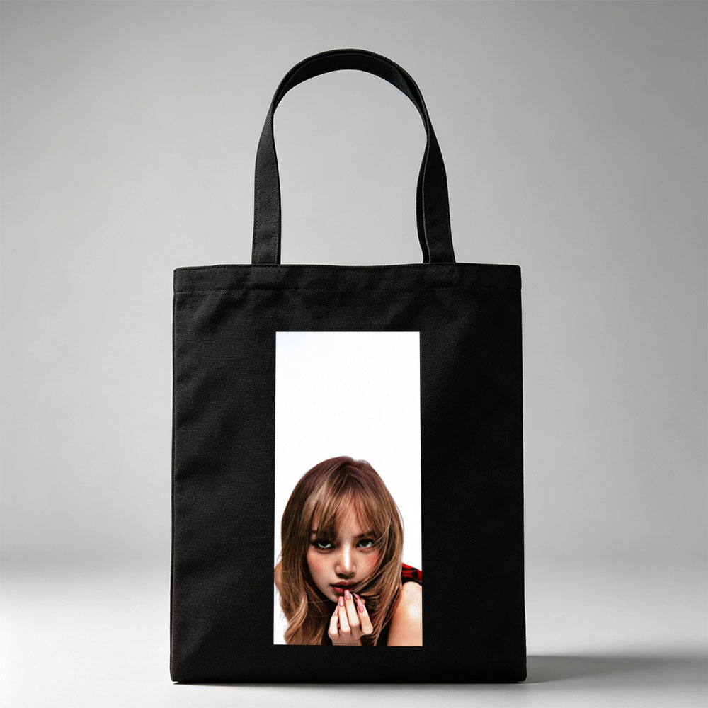 Lisa Blackpink Close-Up Portrait with Blush and Pink Nails on White Background - Canvas tote bags