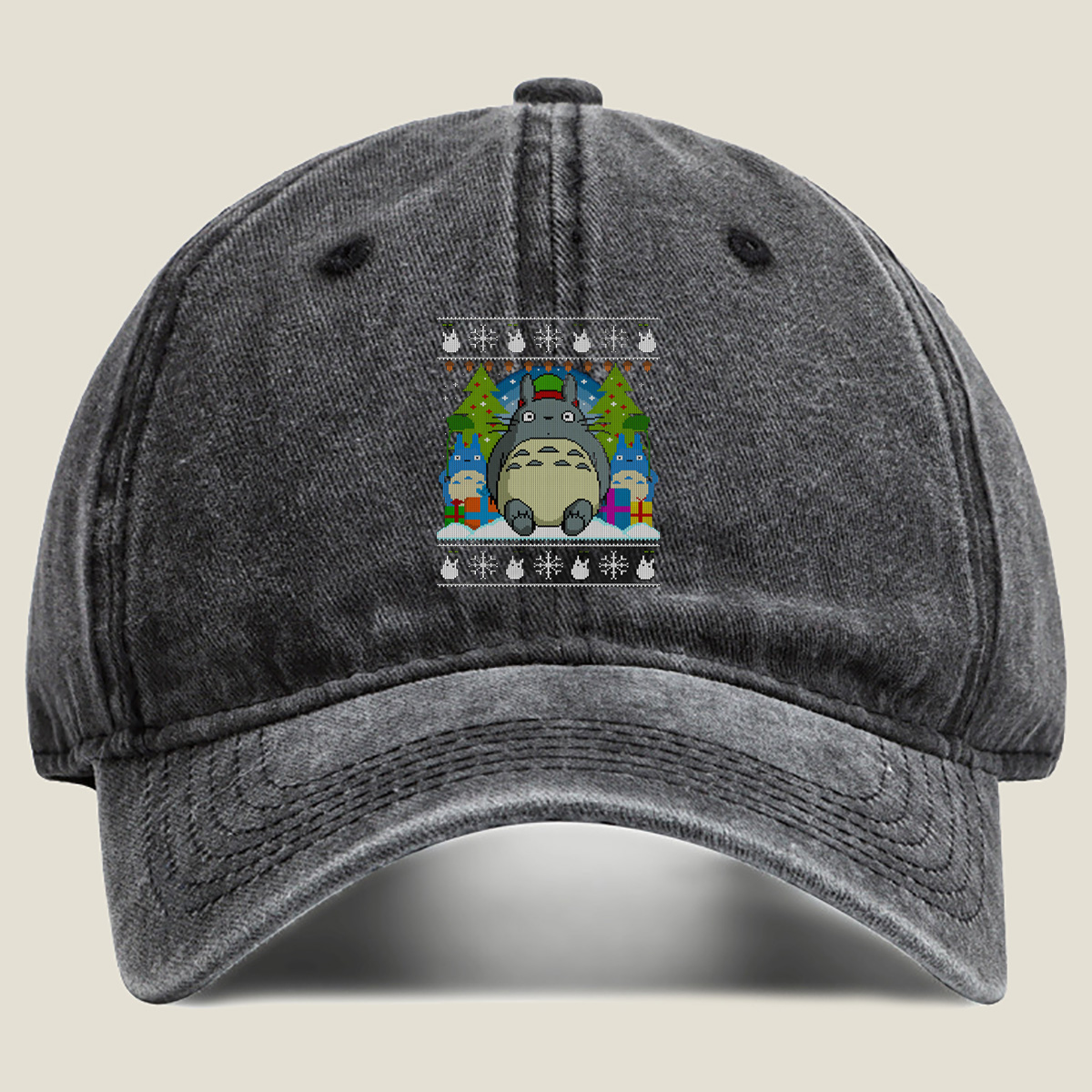 Totoro Christmas Sweater Design - Washed Denim - Baseball Cap