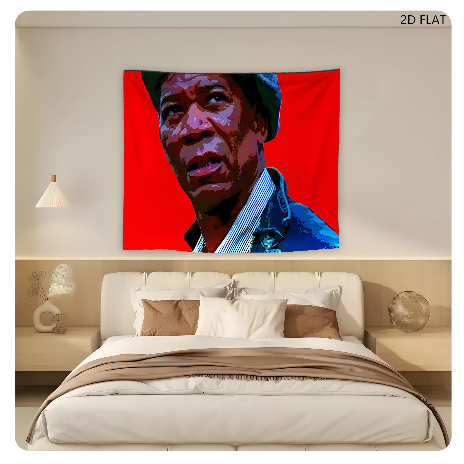 Morgan Freeman in a blue cap and jacket against a red background - Tapestry