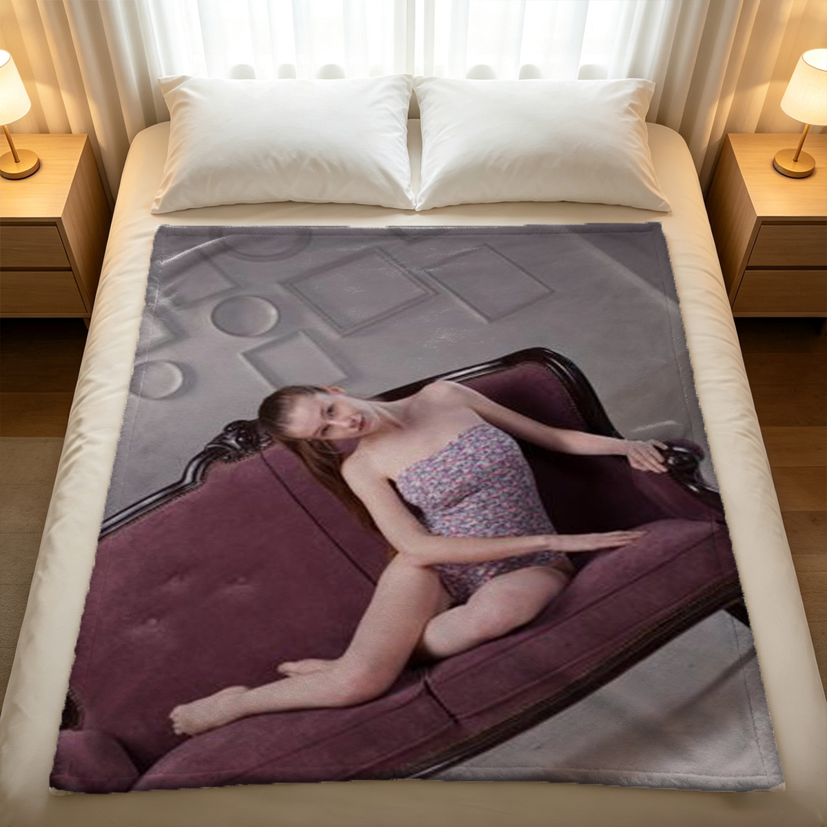 Two Women Embracing Sensually, Topless in Elegant Setting - Blanket