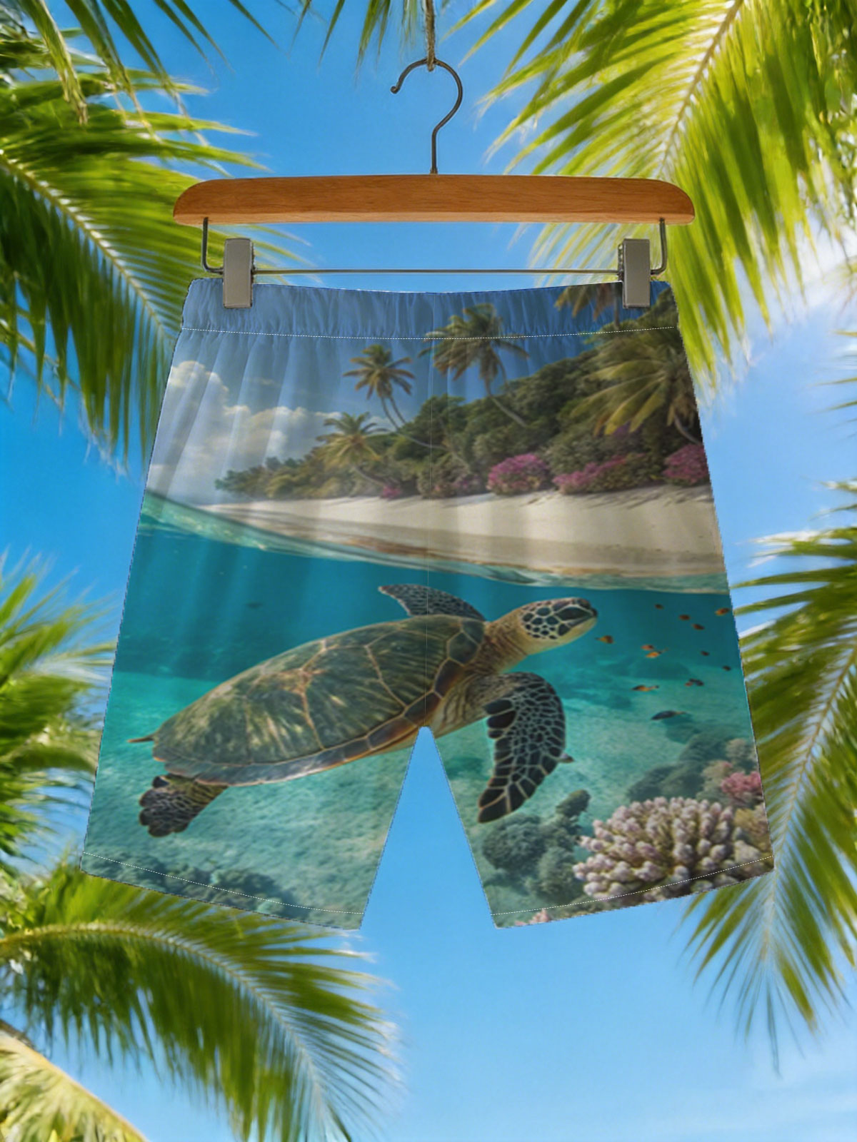 Sea Turtle Swims Near Coral Reef and Tropical Beach -  Beach shorts