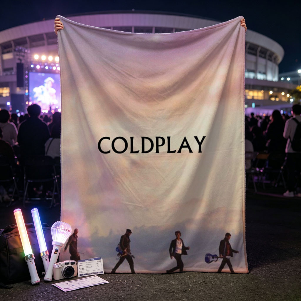 Coldplay Band Members Walking on a Hill at Sunset with Instruments - Blankets