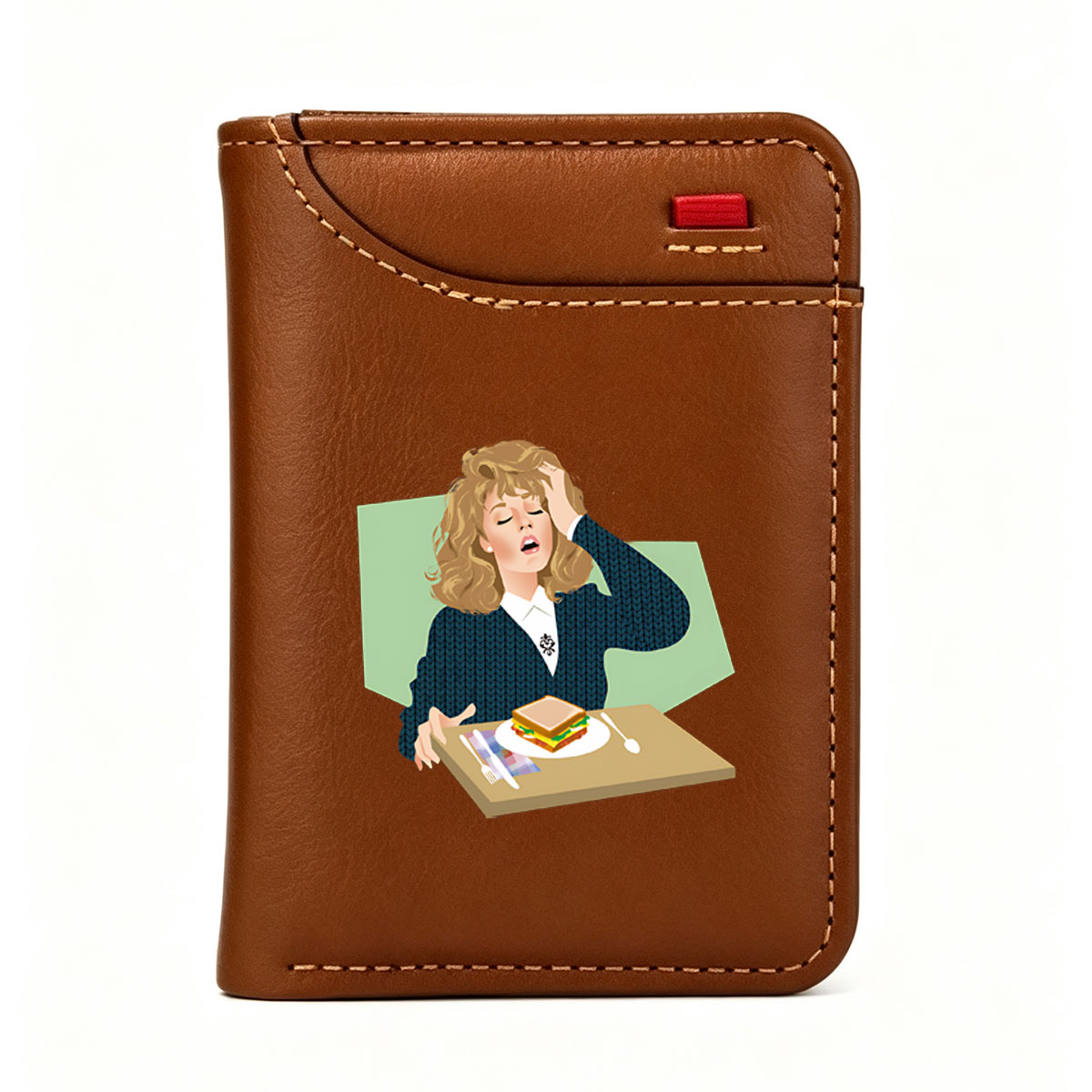 Woman in Blue Sweater with Sandwich on Tray - Vertical Style Wallet