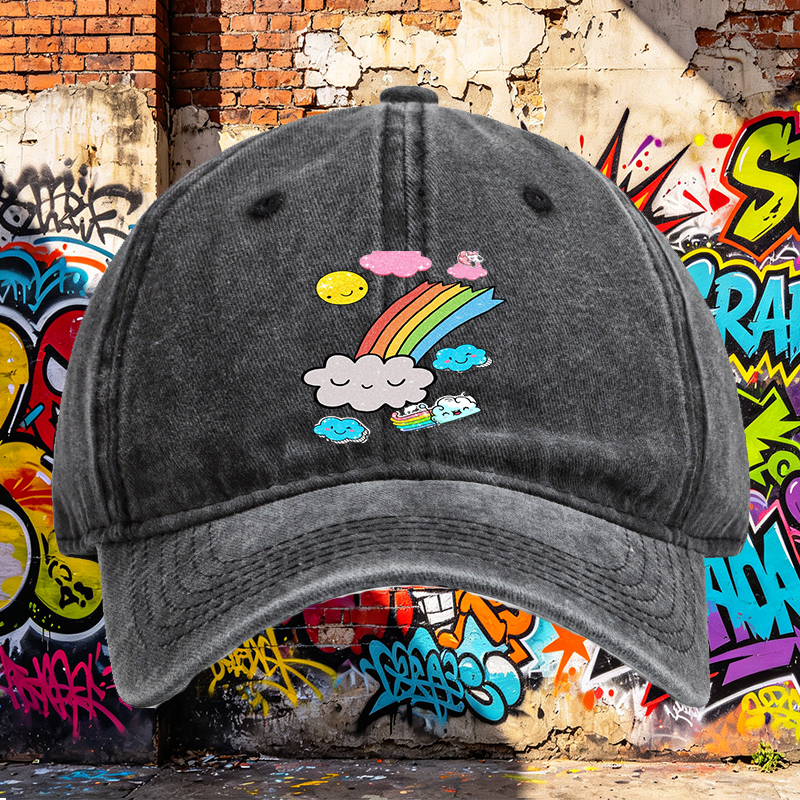 Unisex Classic Washed Cotton Hat with Rainbow Clouds and Sparkle Sun Print - Perfect for Outdoor Activities, Casual Wear, and Festival Outfits - Ideal for Teenagers and Young Adults Seeking Fun, Trendy Headwear