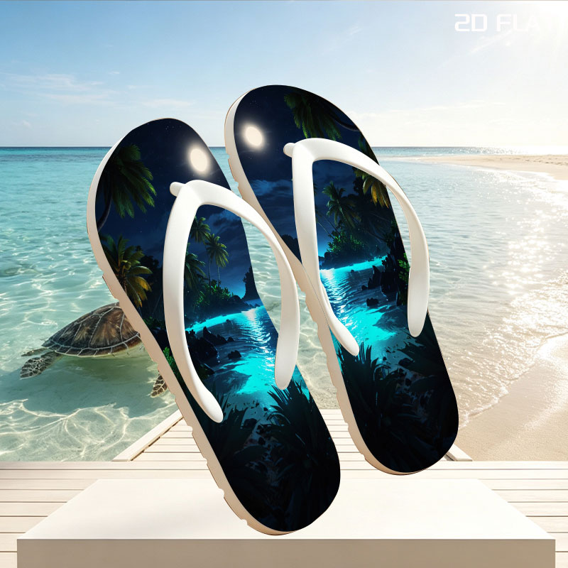 Moonlit Tropical Beach with Palm Trees and Glowing Water -  flip-flops