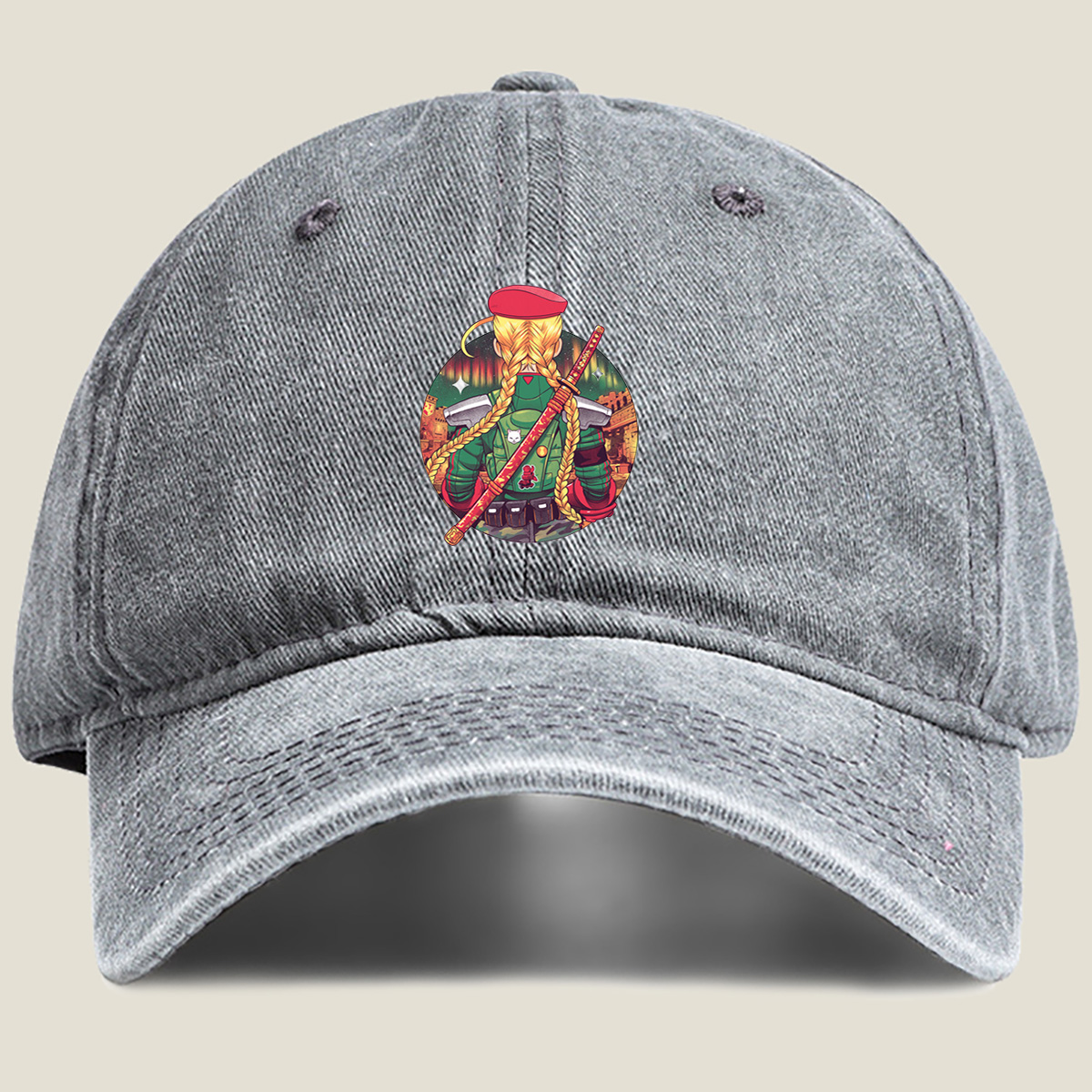 **Title:** Street Fighter - Cammy with Katana - Washed Denim - Baseball Cap