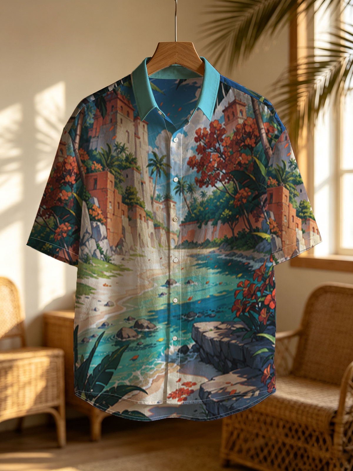 Tropical Beach with Ancient Ruins and Lush Vegetation -  Shirt