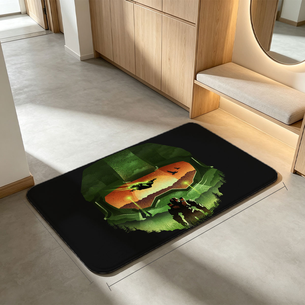 Master Chief Helmet View: Halo Soldier in Forest at Sunset - Flannel floor mat
