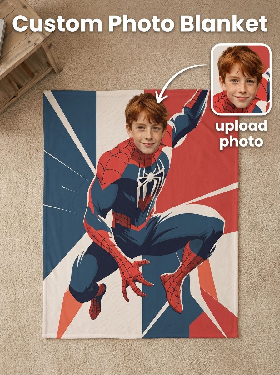 Custom Photo Face Superhero Flannel Blanket Ultra Soft Fleece Throw Personalized Gift for Kids and Superhero Fans