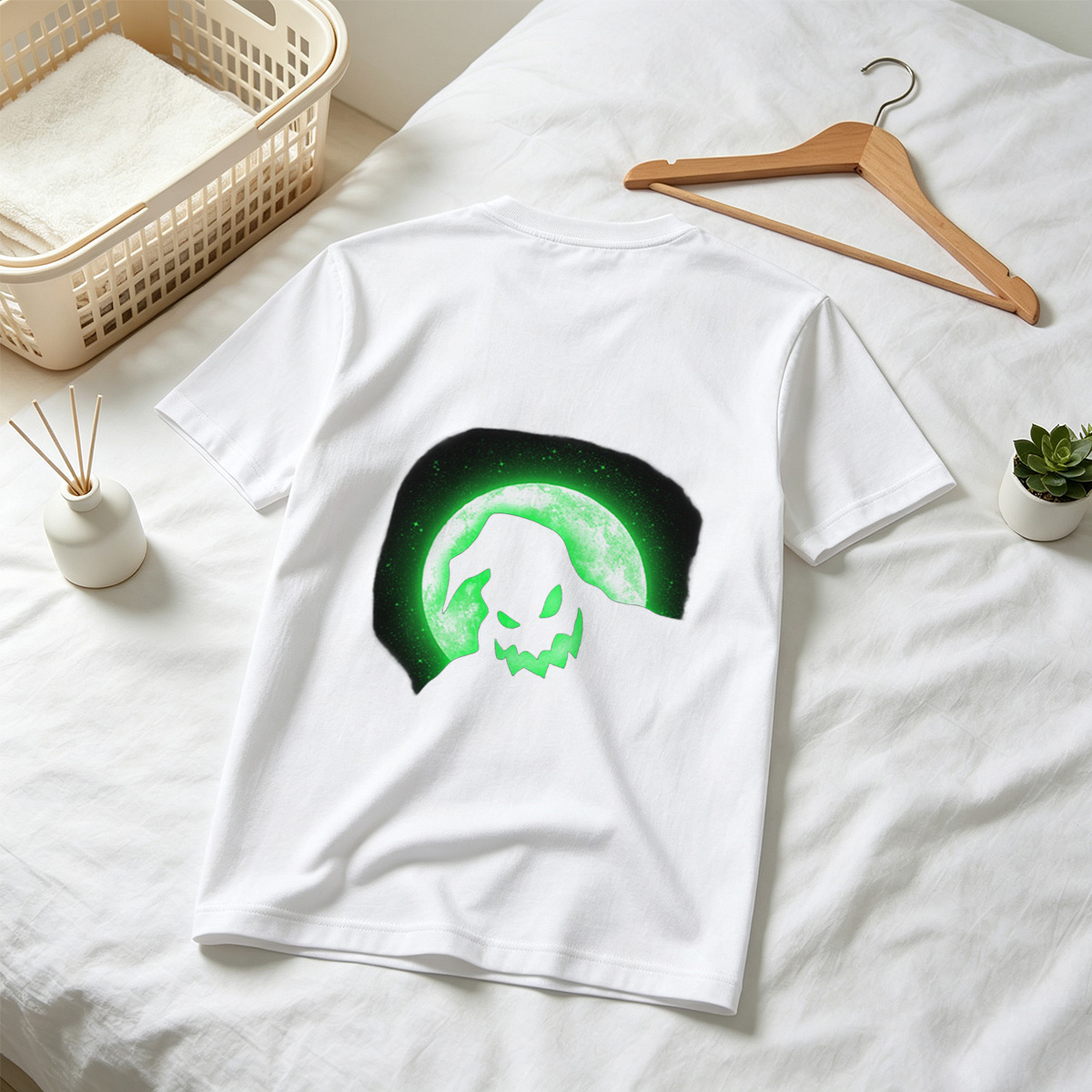 Pumpkin Head Silhouette Against Green Moon - Tee