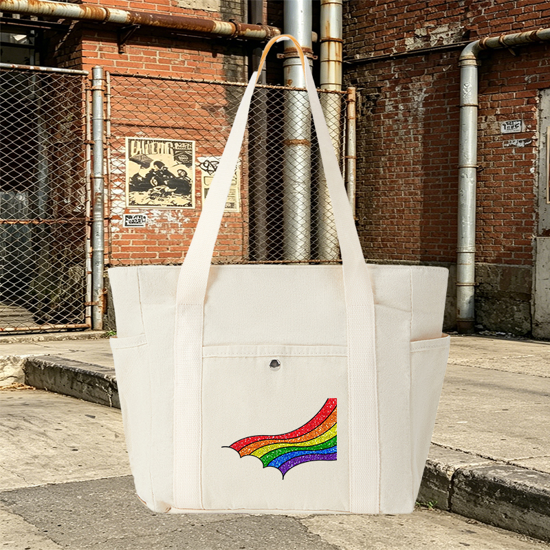 Multi Pocket Bag Beige with Rainbow Glitter Print Design Multi Pocket Bag Beige for Everyday Use and Outdoor Activities Ideal for Students and Urban Travelers