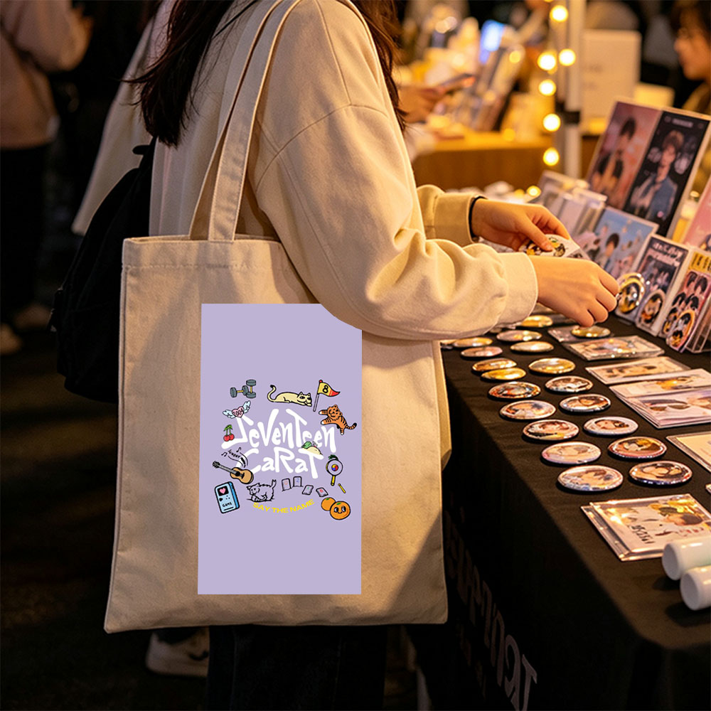 Seventeen Carat Say The Name Album Art Featuring Cats, Guitar, and Cute Icons - Canvas tote bags