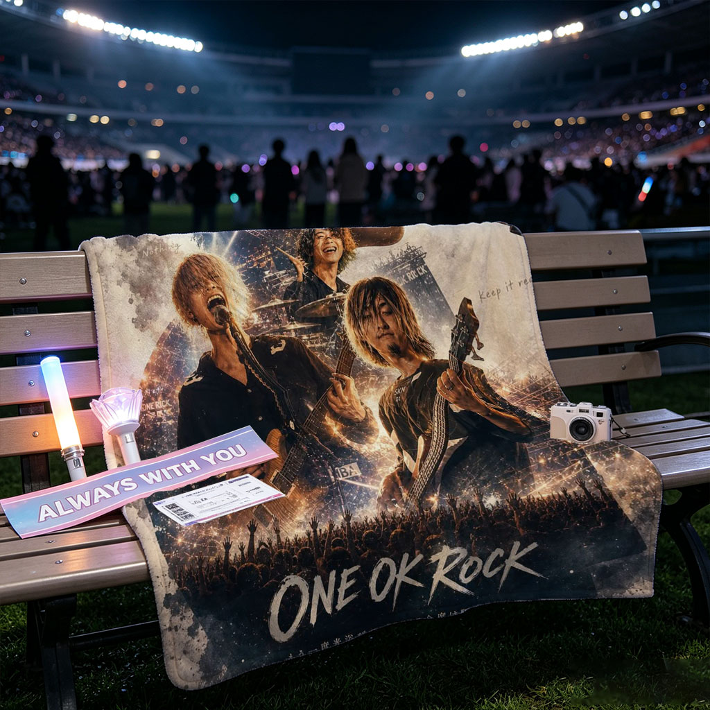 ONE OK ROCK Live Concert Performance with Band Members on Stage and Crowd in the Background - Blankets