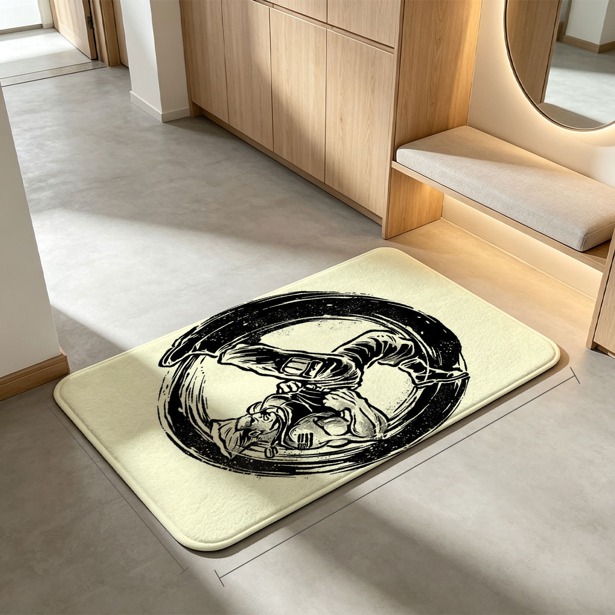 Samurai Warrior in Dynamic Combat Pose within Circular Frame - Flannel floor mat