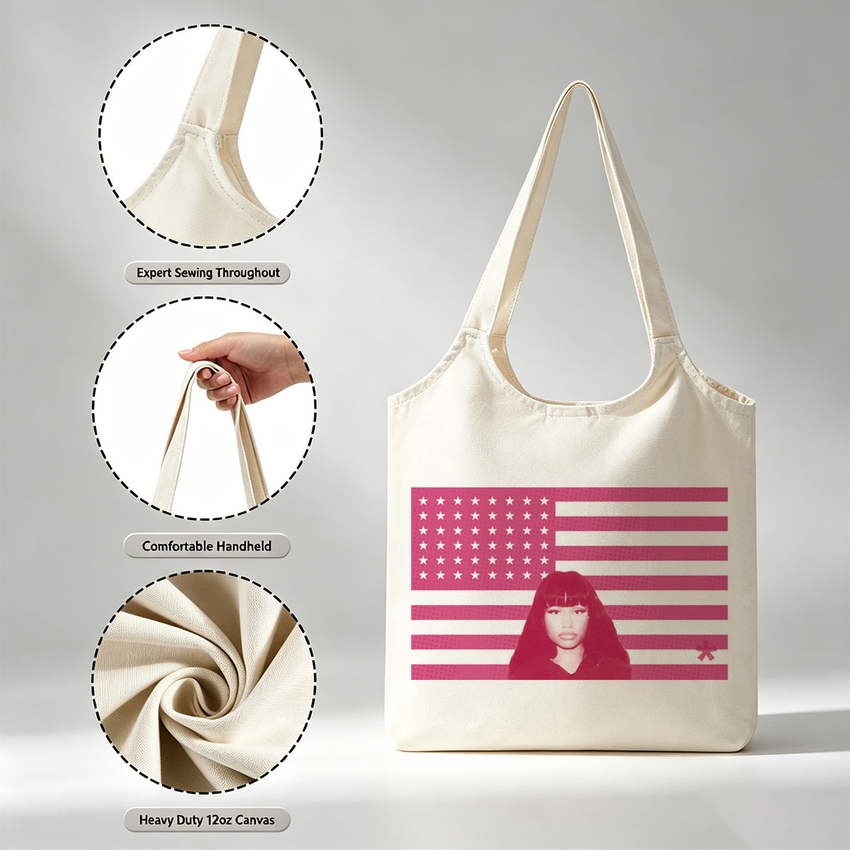 Nicki Minaj in Front of Pink American Flag Background - Canvas shoulder bags/