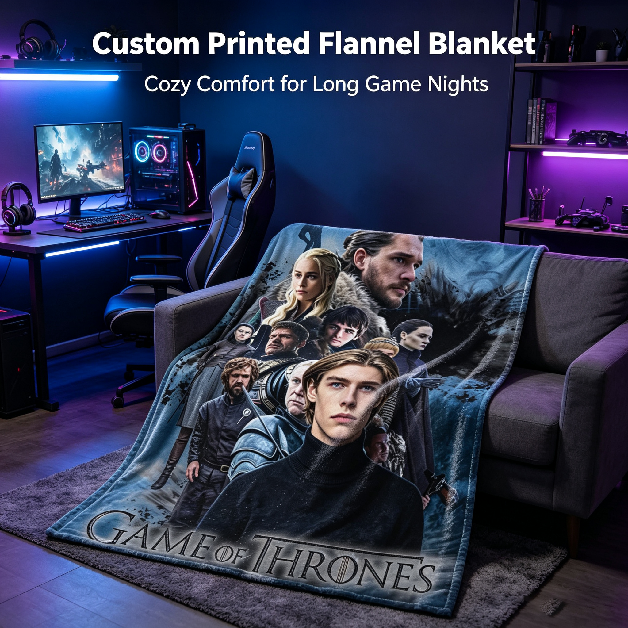 Custom Face Blanket Game of Thrones Flannel Blanket Featuring Iconic Characters Perfect for Fans as Cozy Bedding or Unique Gift/Giveaway
