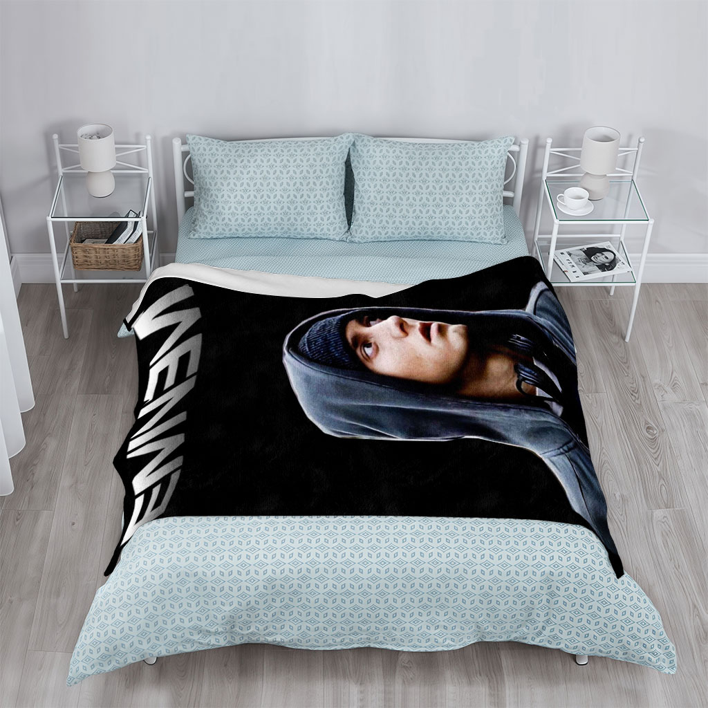 Eminem in Hoodie with Parental Advisory Label on Black Background - Blankets
