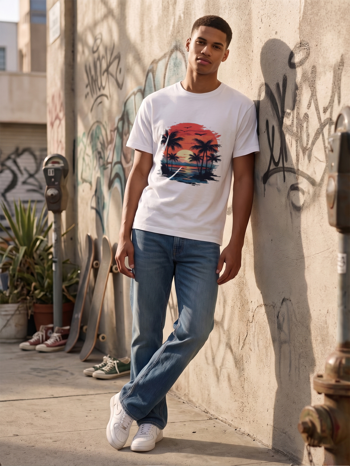 Men's Printed T-Shirt Tropical Sunset Palm Trees Design Casual Round Neck Summer Lightweight Breathable Short Sleeve T-Shirt for Beach Vacation Outdoor Activities Adults