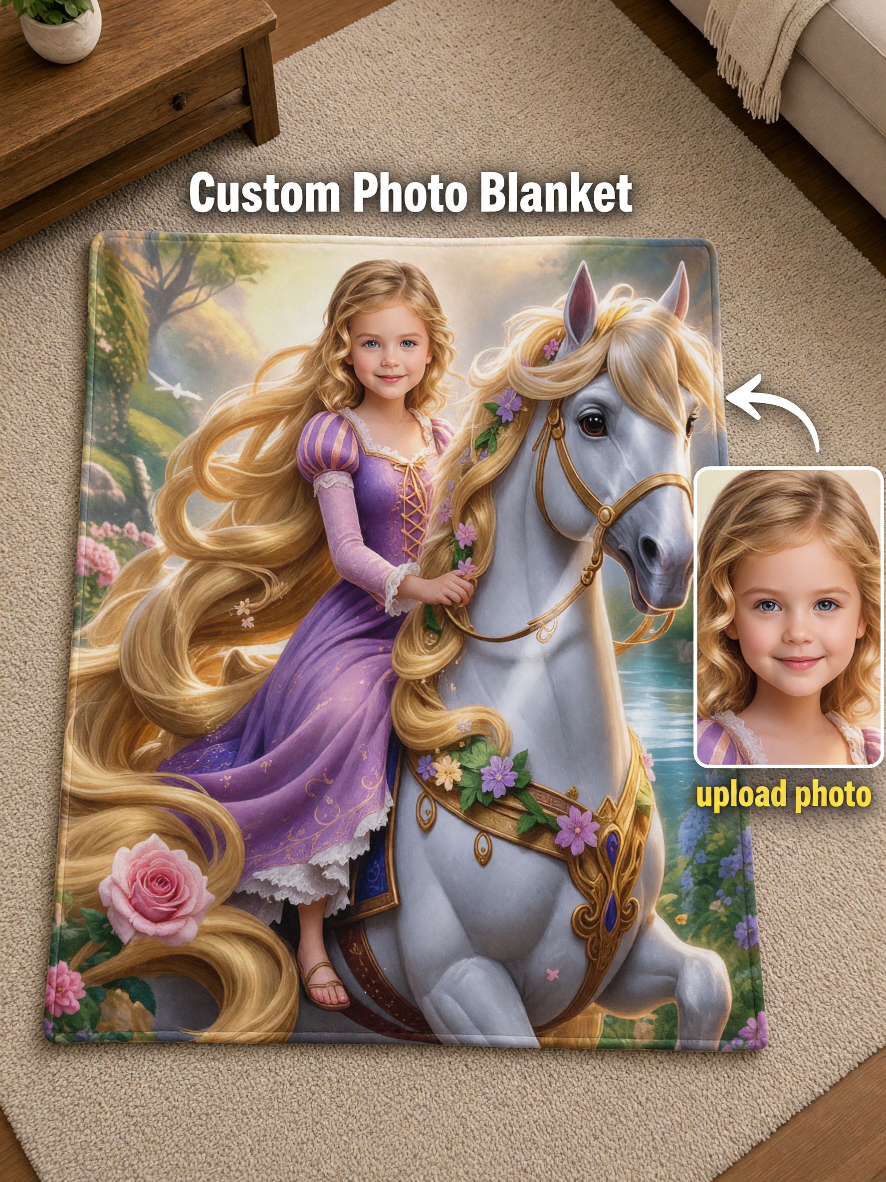Personalized Face Photo Blanket Fairy Tale Princess on Horse Design Ultra Soft Flannel Throw Ideal Personalized Gift