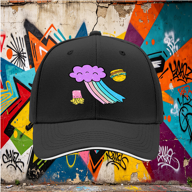 Unisex Classic Sandwich Hat with Kawaii Rainbow Cloud, Happy Burger & Fries Print – Perfect for Casual Outings, Festivals, and Daily Wear – Ideal for Teens and Young Adults Loving Fun Food-Themed Fashion