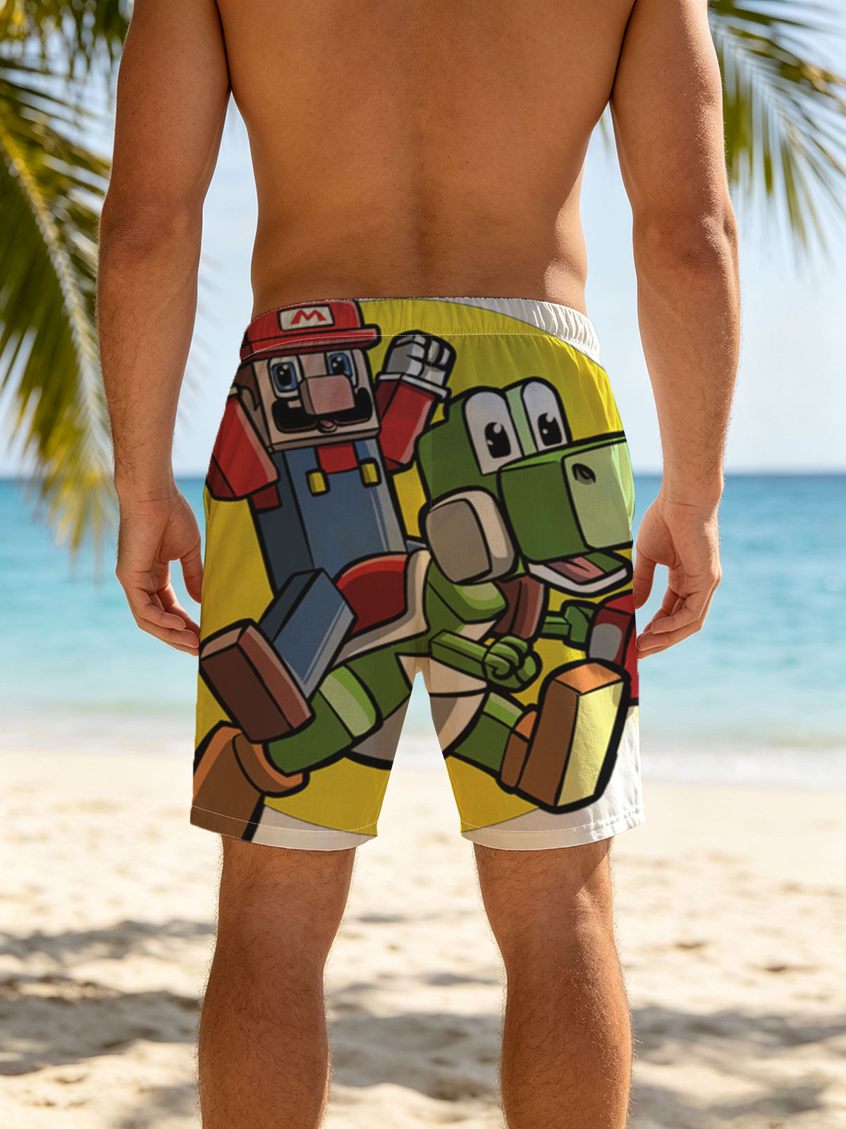 Mario and Yoshi in Action with Toad and Mushrooms -  Beach shorts