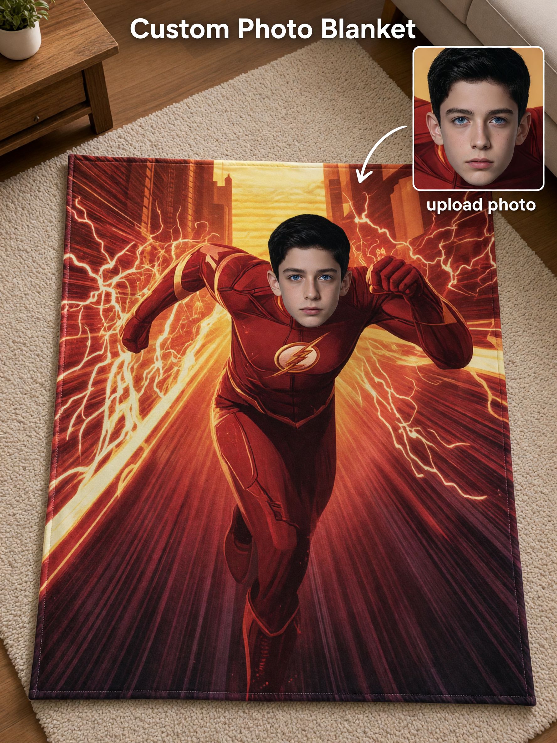Custom Photo Superhero Flannel Fleece Blanket Personalized Face Graphic Cozy Throw for Sofa Bed and Travel Ideal