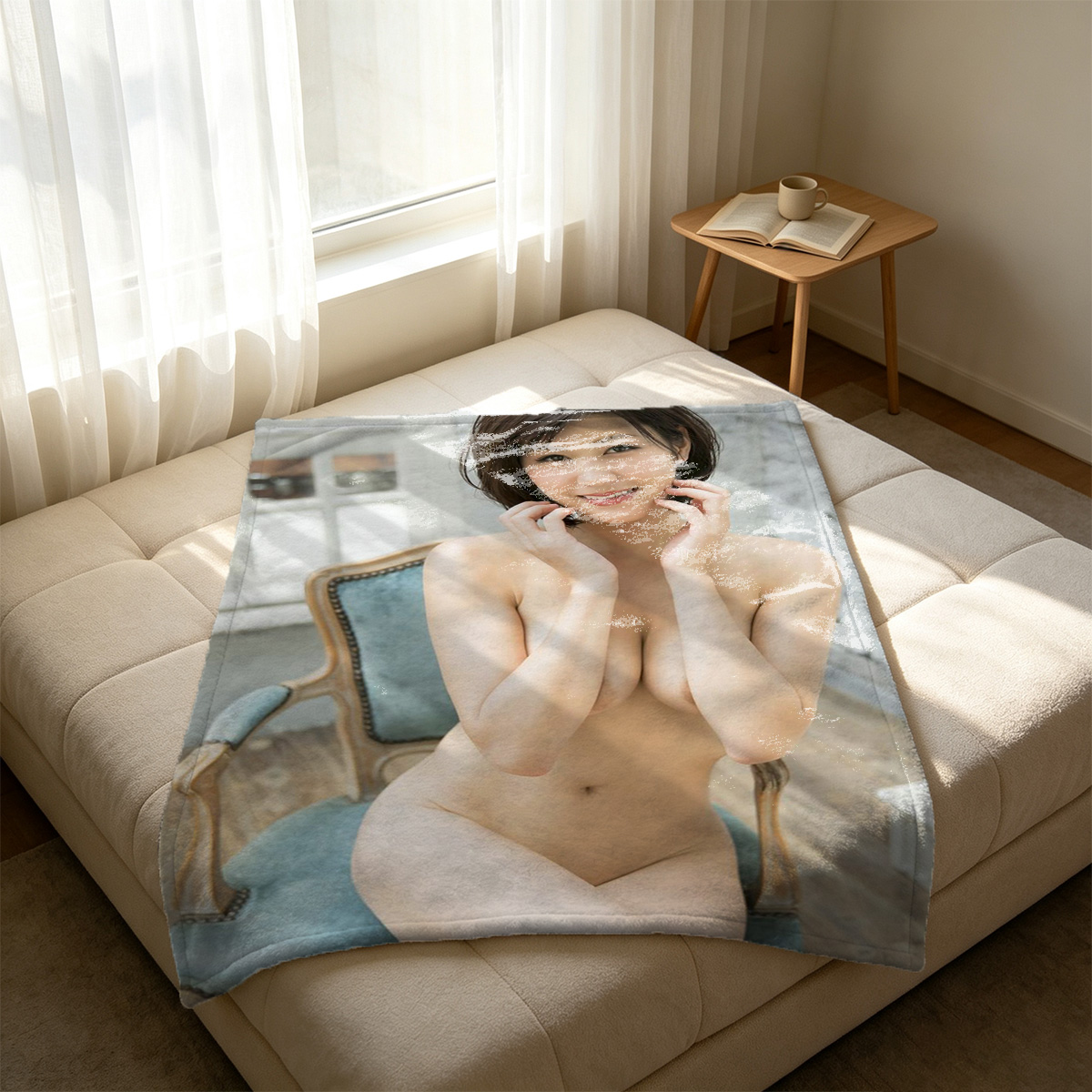 Lingerie Model Relaxing on Bed in Forest Reading Magazine - Blanket
