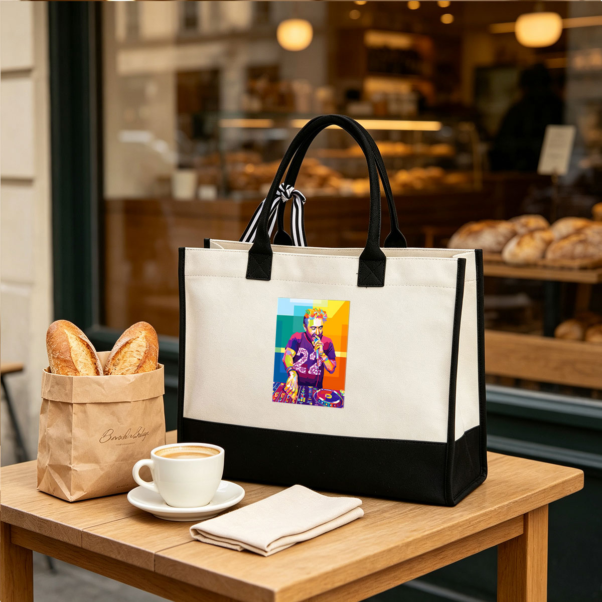 DJ with Colorful Hair and Microphone at Turntable - Canvas patchwork gift tote bag
